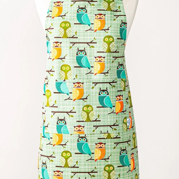 Cute Owl Apron, Green, Orange, Aqua, with Pocket - Picture 3 of 6
